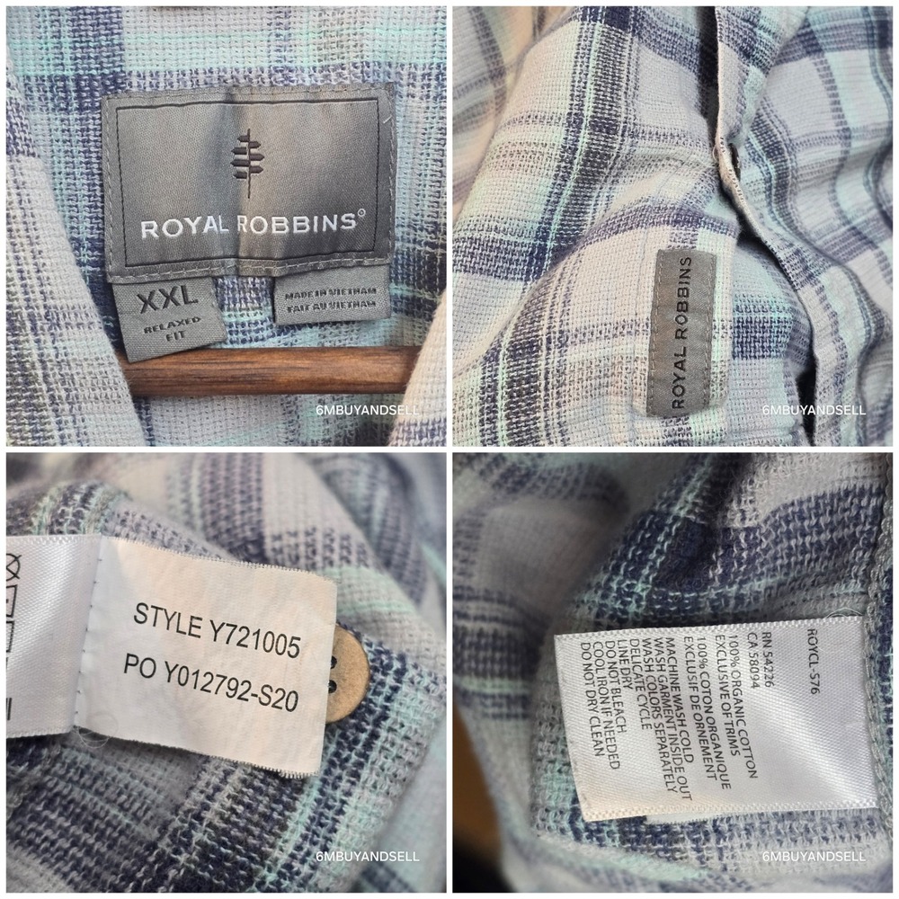 Royal Robbins Mens XL Blue Green Plaid Organic Cotton Relaxed Fit Shirt Y721005 - Picture 6 of 12